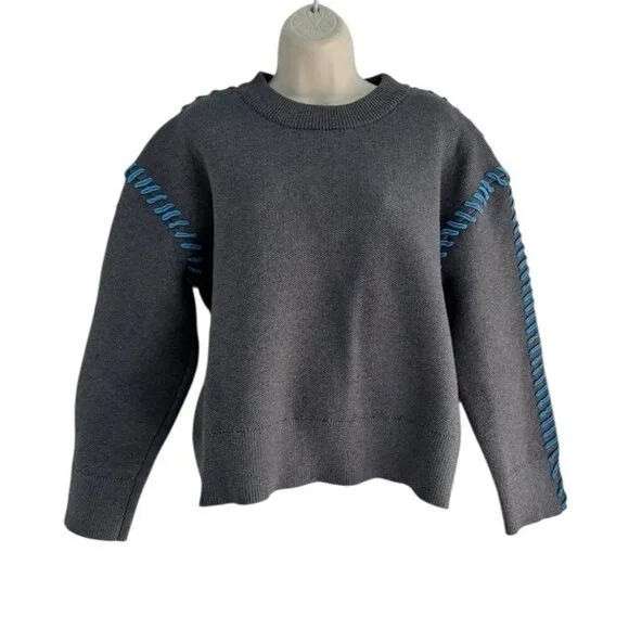 English Factory Women's Sz S Whip Contrast Stitch Gray Blue Pullover Sweater - Picture 2 of 9